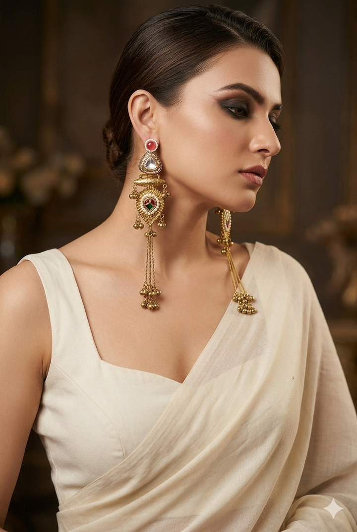 Traditional Kundan Tassel Earrings with Pearl Accents, Multicolor Stone Detailing and Antique Gold Finish for Festive Ethnic Glamour