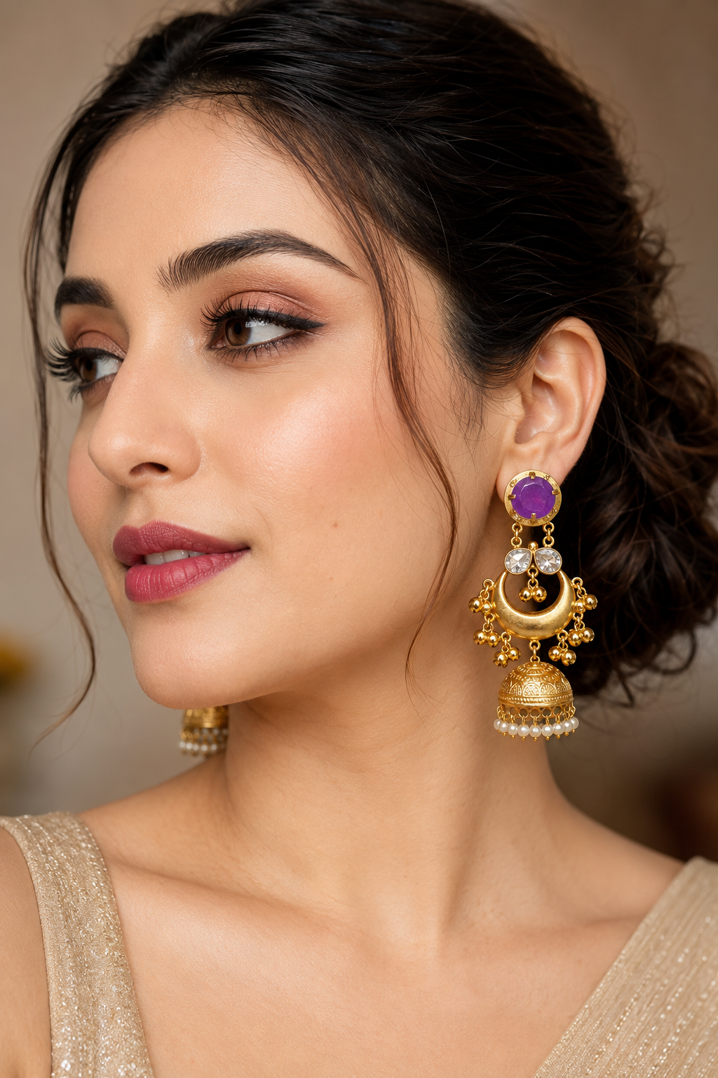 Traditional Purple Gold Plated Chandbali Jhumka Earrings With Pearls