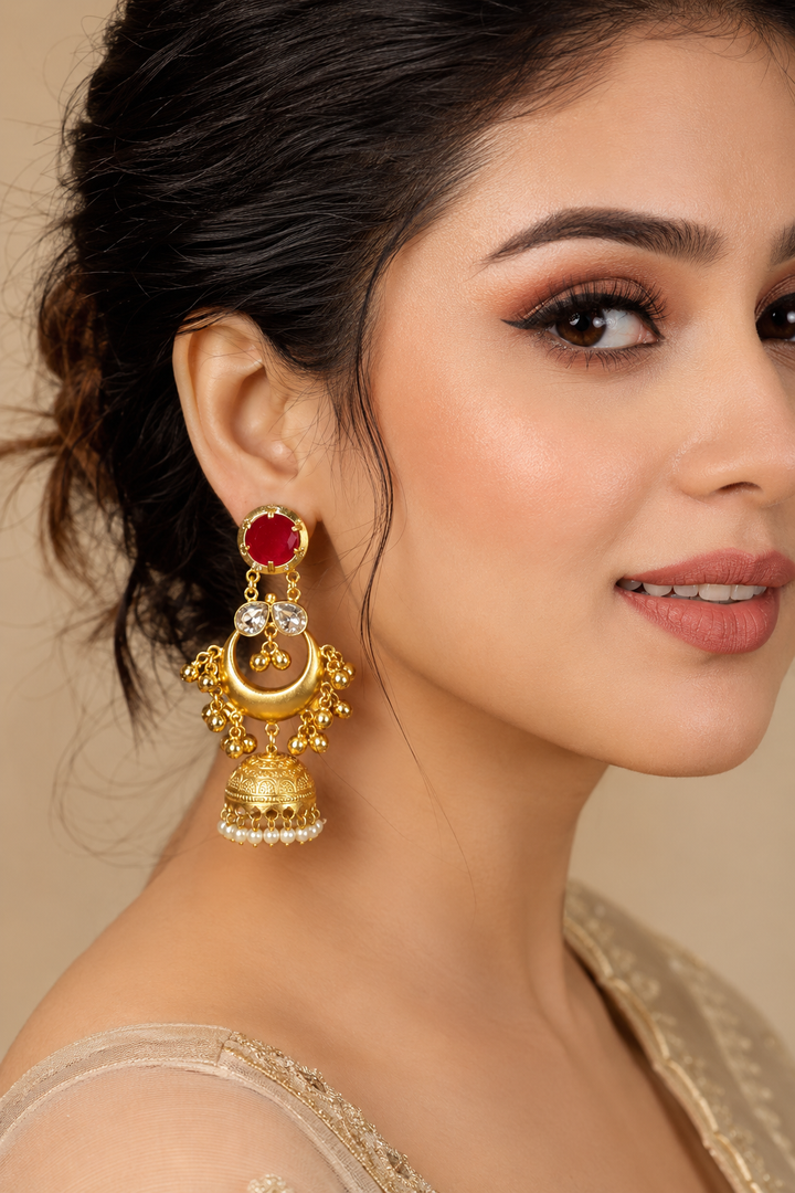Traditional Ruby Red Gold Plated Chandbali Jhumka Earrings With Pearls