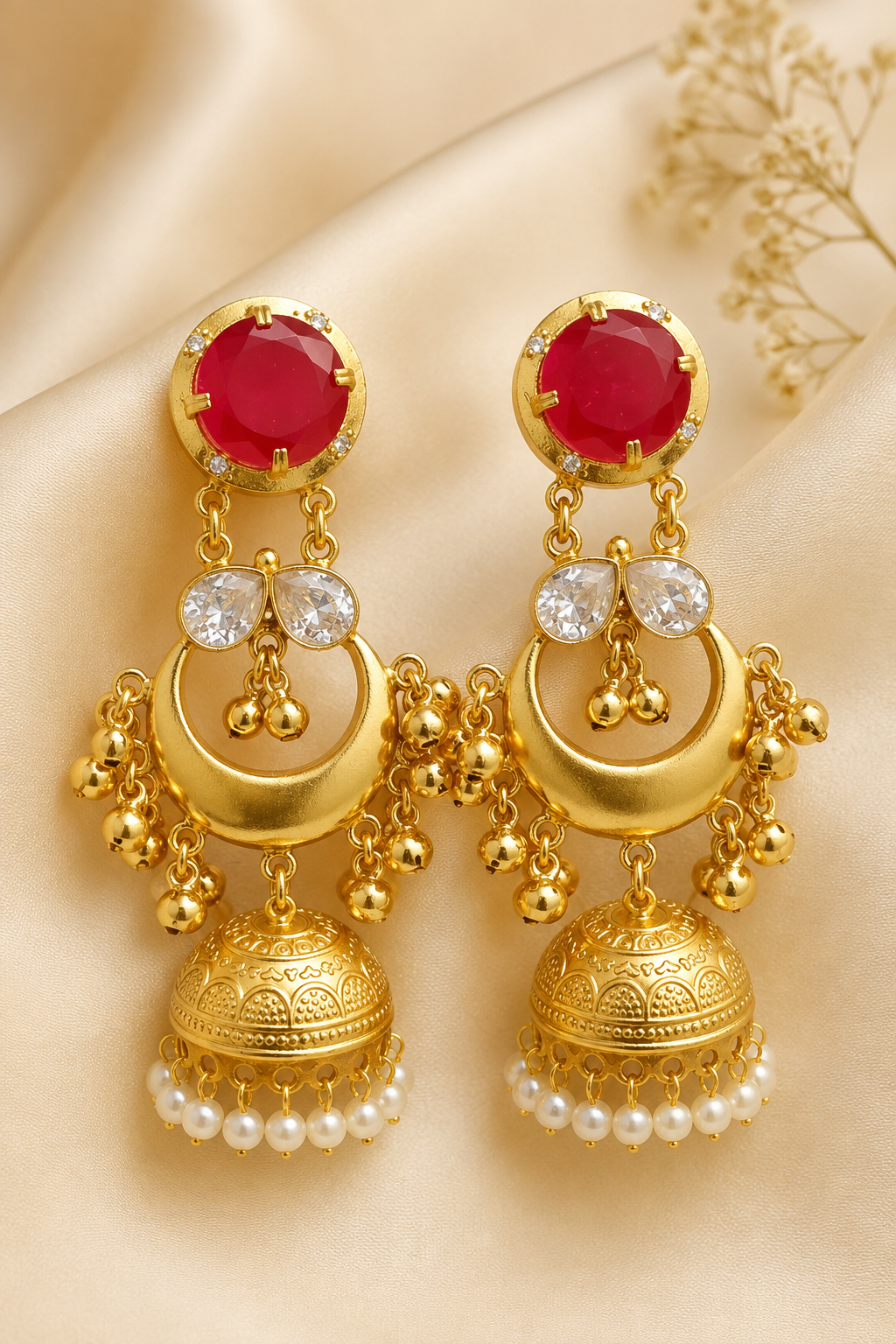 Traditional Ruby Red Gold Plated Chandbali Jhumka Earrings With Pearls