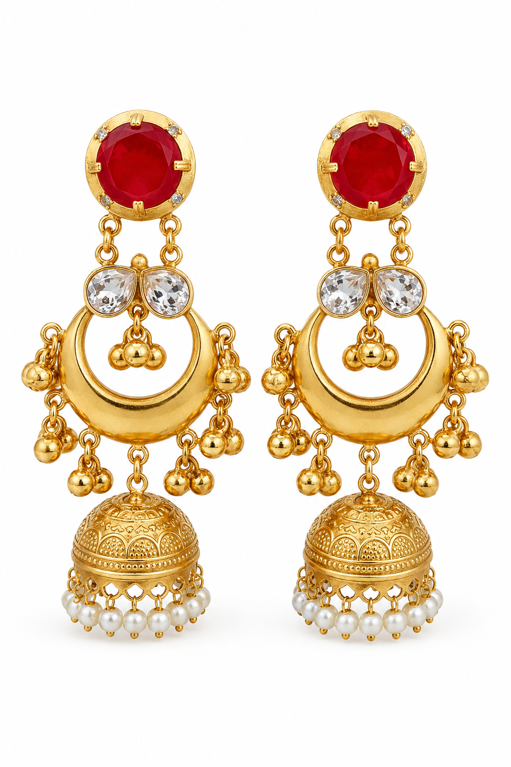 Traditional Ruby Red Gold Plated Chandbali Jhumka Earrings With Pearls