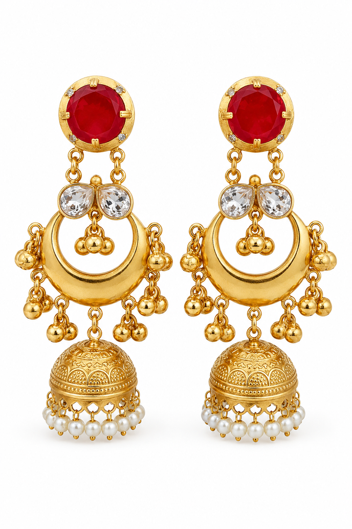 Traditional Ruby Red Gold Plated Chandbali Jhumka Earrings With Pearls