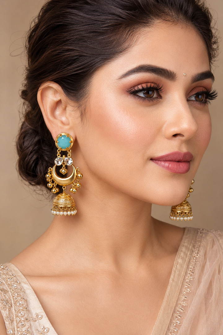 Traditional Turquoise Gold Plated Chandbali Jhumka Earrings With Pearls