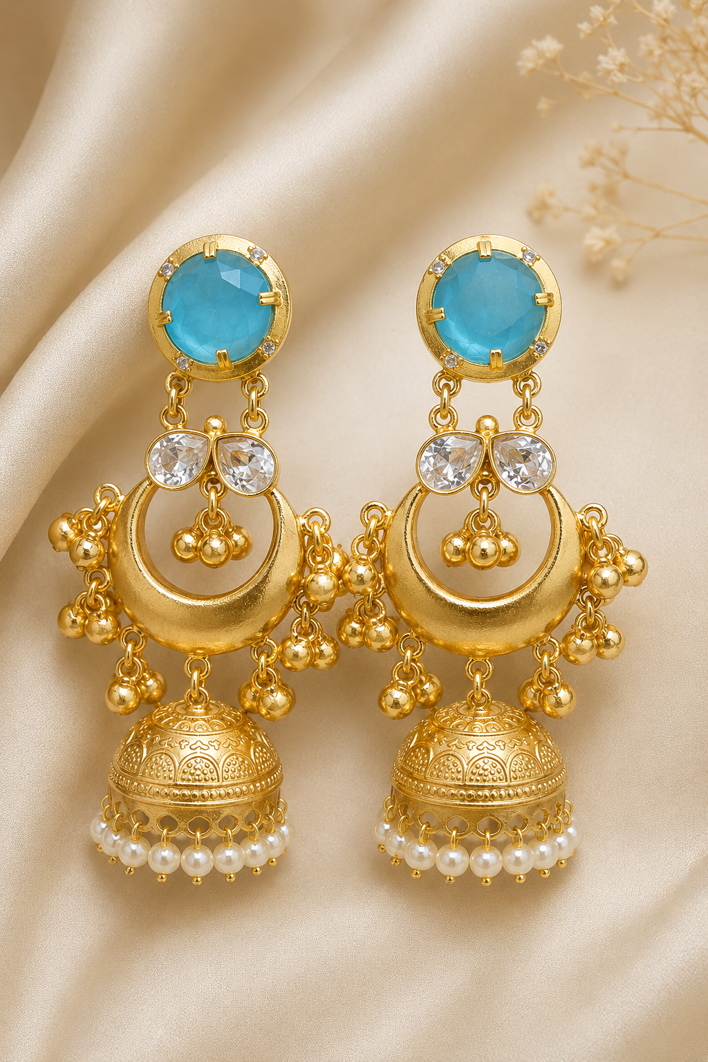 Traditional Turquoise Gold Plated Chandbali Jhumka Earrings With Pearls
