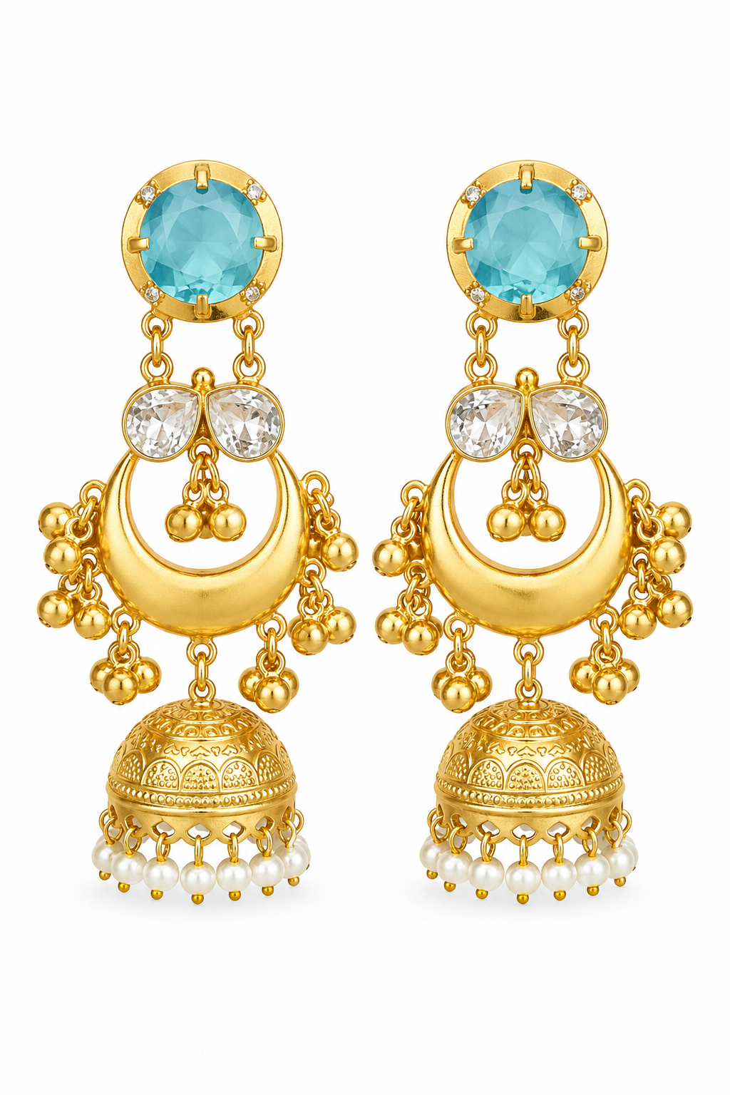 Traditional Turquoise Gold Plated Chandbali Jhumka Earrings With Pearls