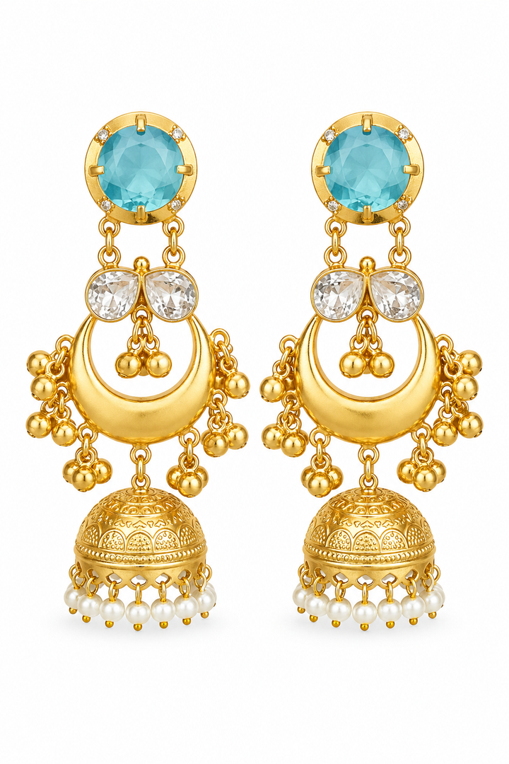 Traditional Turquoise Gold Plated Chandbali Jhumka Earrings With Pearls