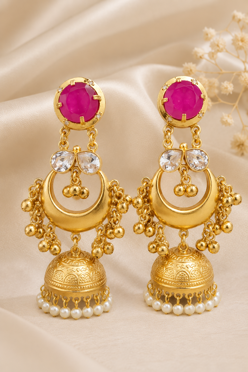 Traditional Rani Pink Gold Plated Chandbali Jhumka Earrings With Pearls