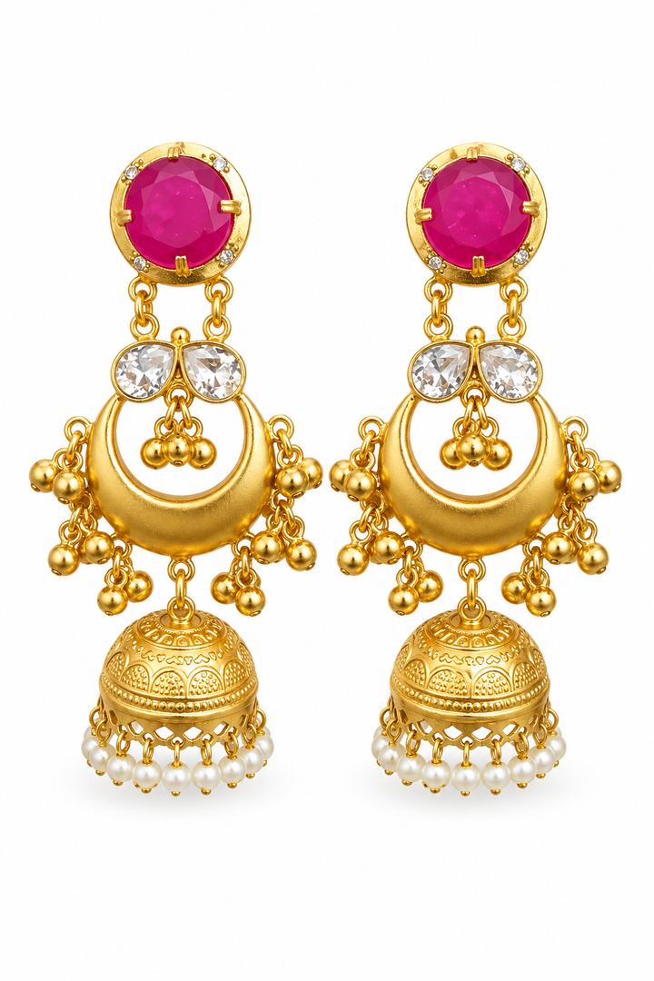 Traditional Rani Pink Gold Plated Chandbali Jhumka Earrings With Pearls