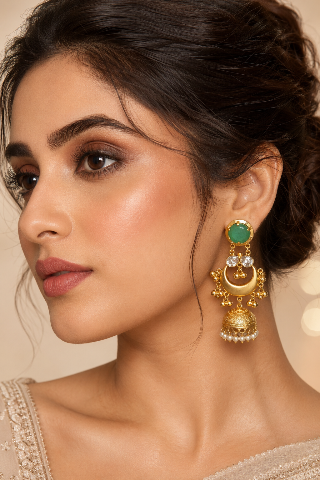Traditional Green Gold Plated Chandbali Jhumka Earrings With Pearls