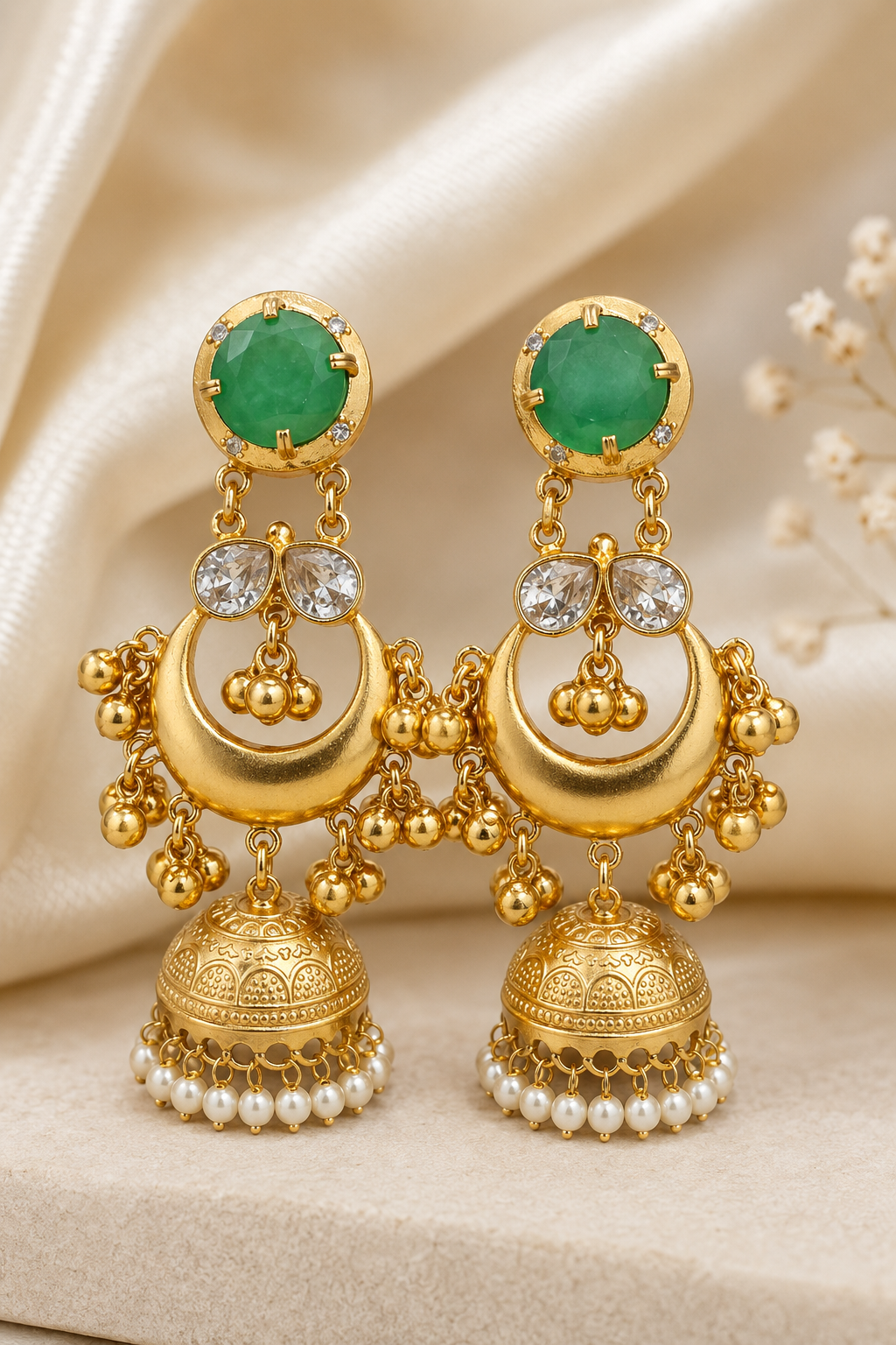 Traditional Green Gold Plated Chandbali Jhumka Earrings With Pearls