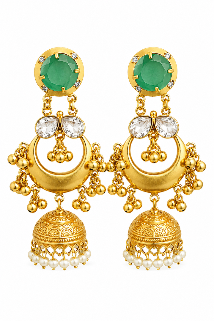 Traditional Green Gold Plated Chandbali Jhumka Earrings With Pearls
