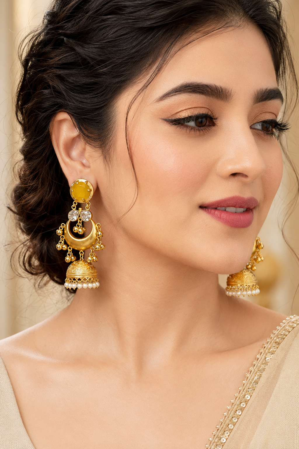 Traditional Yellow Gold Plated Chandbali Jhumka Earrings With Pearls