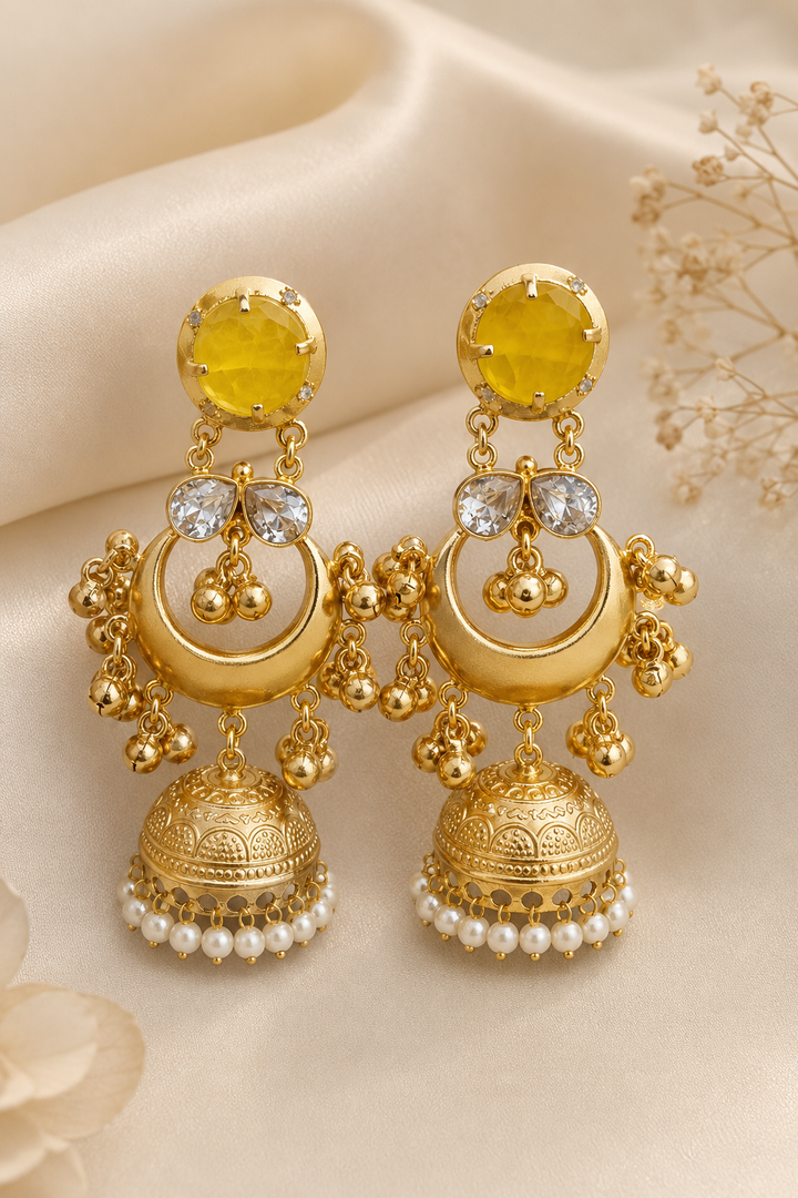 Traditional Yellow Gold Plated Chandbali Jhumka Earrings With Pearls