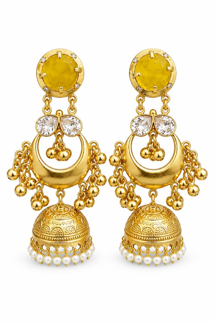 Traditional Yellow Gold Plated Chandbali Jhumka Earrings With Pearls
