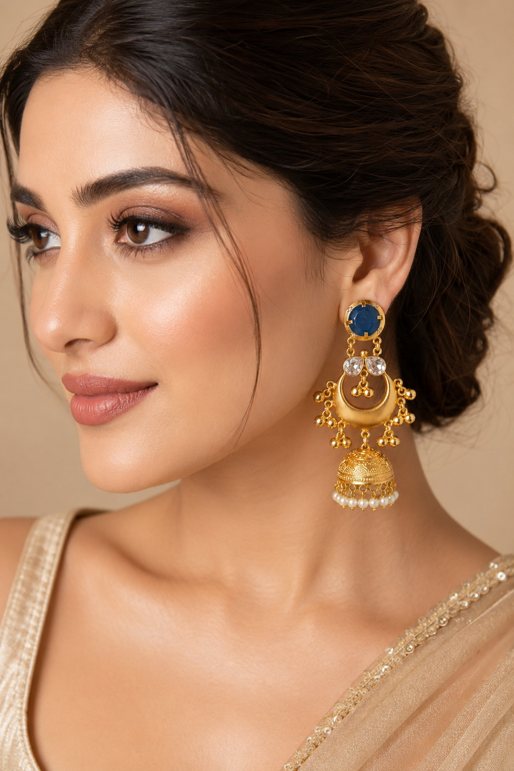 Traditional Blue Gold Plated Chandbali Jhumka Earrings With Pearls