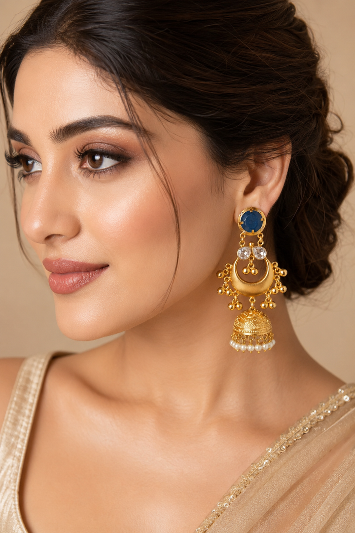 Traditional Blue Gold Plated Chandbali Jhumka Earrings With Pearls