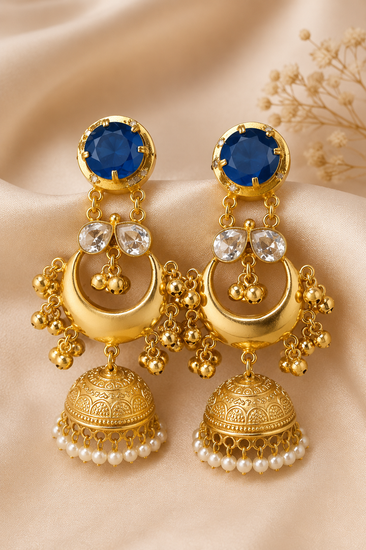Traditional Blue Gold Plated Chandbali Jhumka Earrings With Pearls