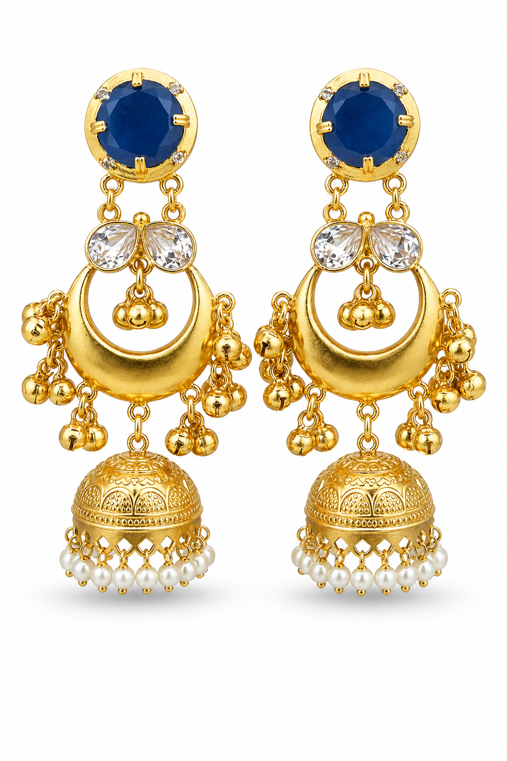Traditional Blue Gold Plated Chandbali Jhumka Earrings With Pearls