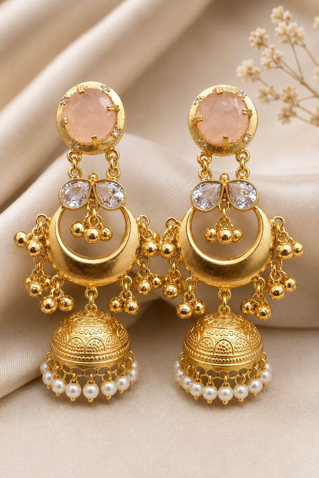 Traditional Peach Gold Plated Chandbali Jhumka Earrings With Pearls