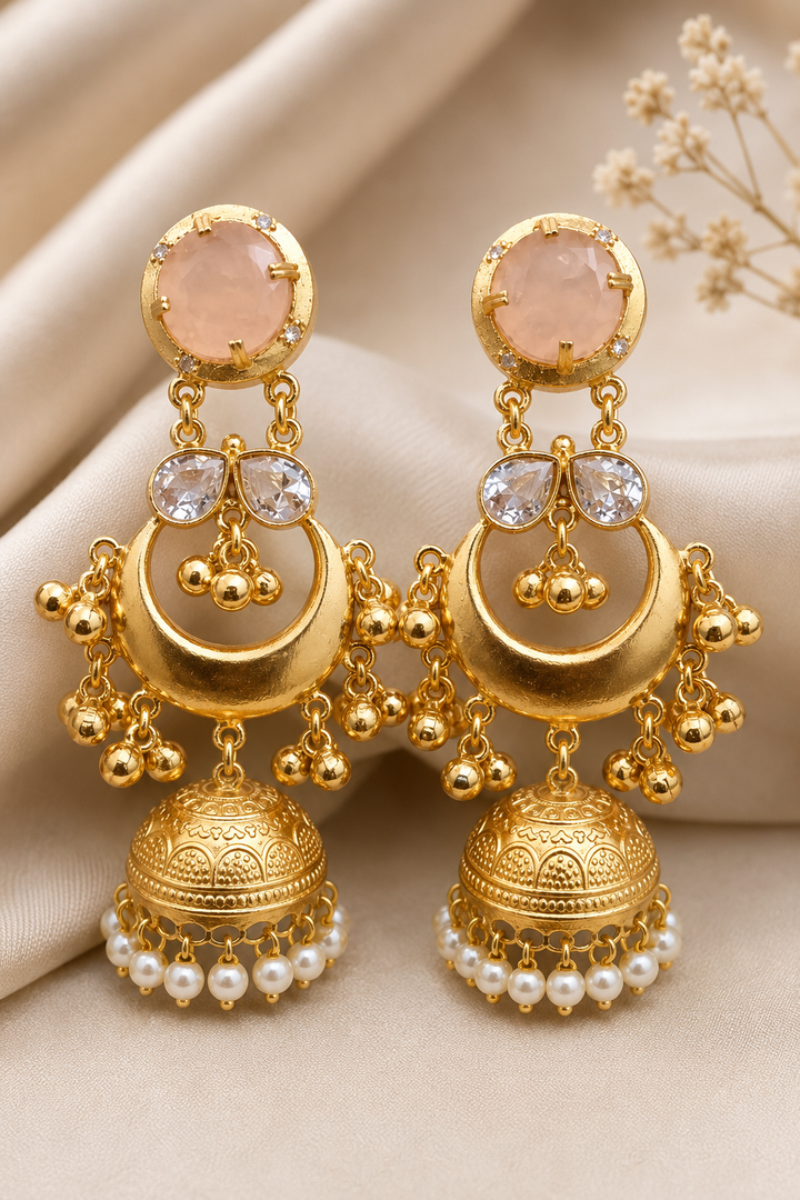 Traditional Peach Gold Plated Chandbali Jhumka Earrings With Pearls