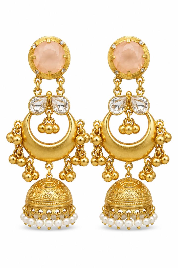 Traditional Peach Gold Plated Chandbali Jhumka Earrings With Pearls