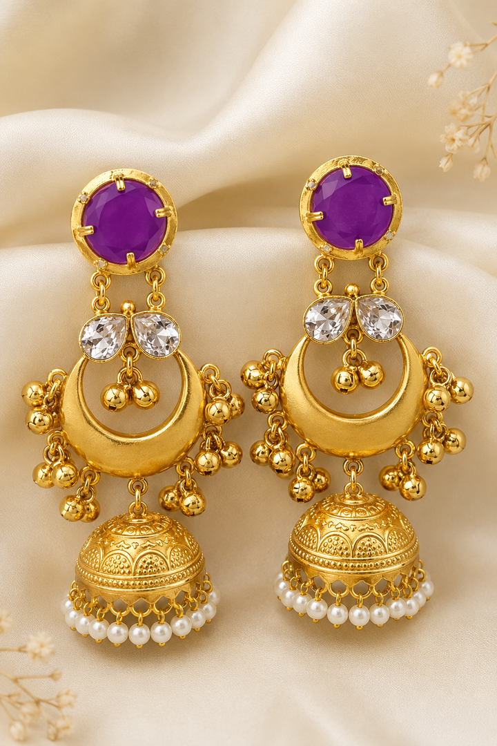 Traditional Purple Gold Plated Chandbali Jhumka Earrings With Pearls