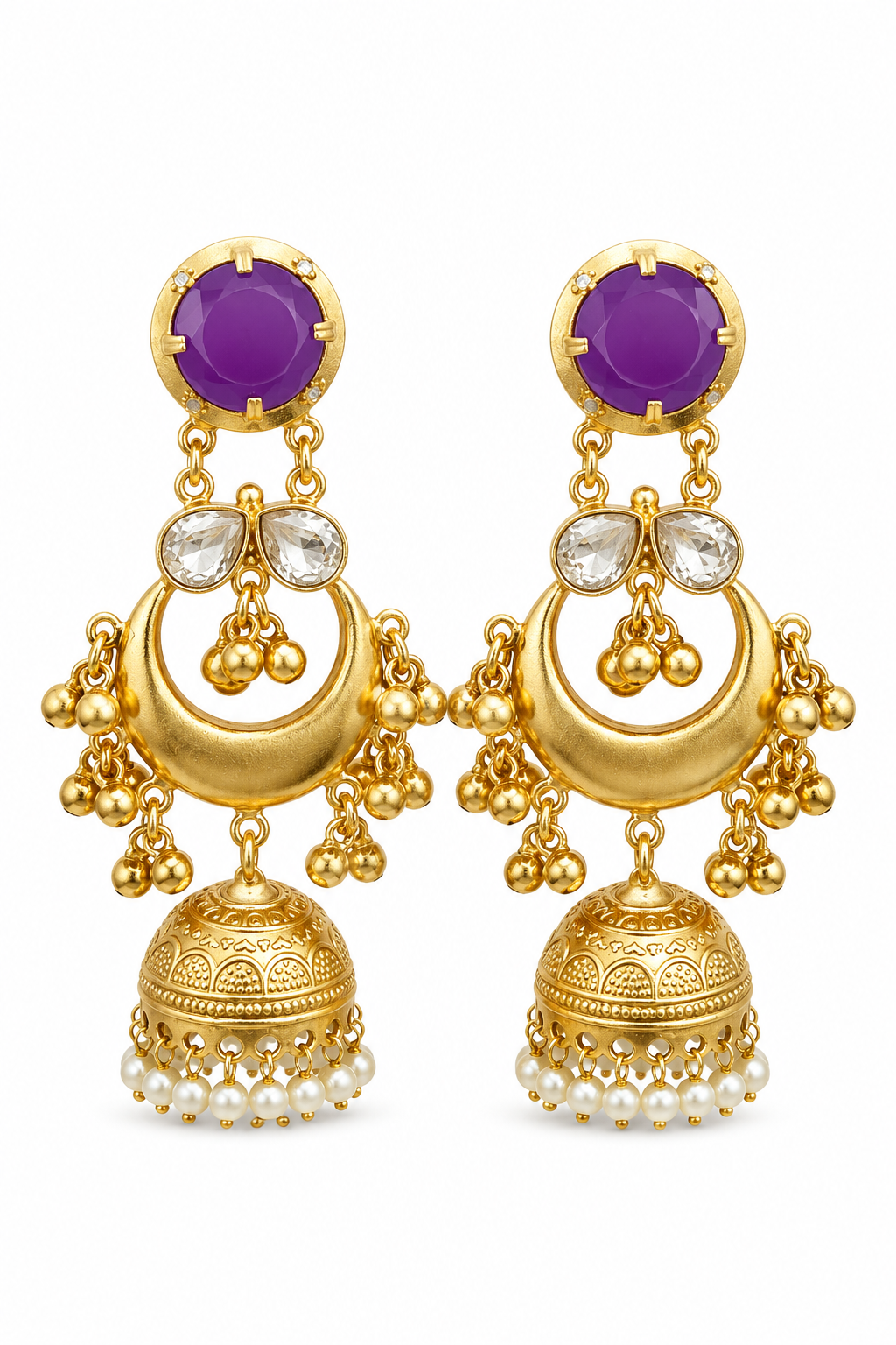 Traditional Purple Gold Plated Chandbali Jhumka Earrings With Pearls