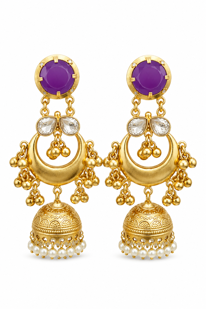 Traditional Purple Gold Plated Chandbali Jhumka Earrings With Pearls
