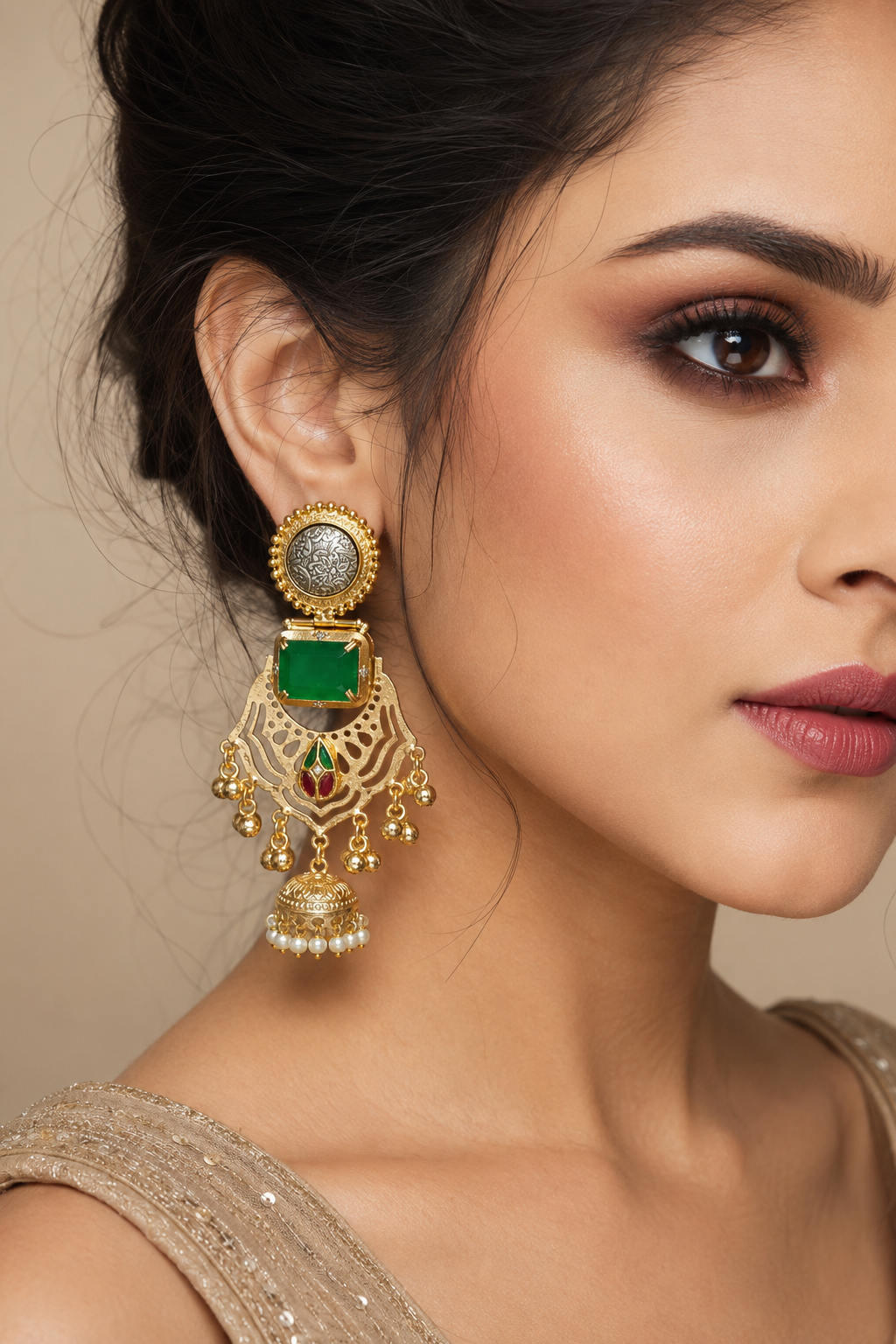 Traditional Emerald Green Jhumka Earrings With Dual Tone Coin Studs