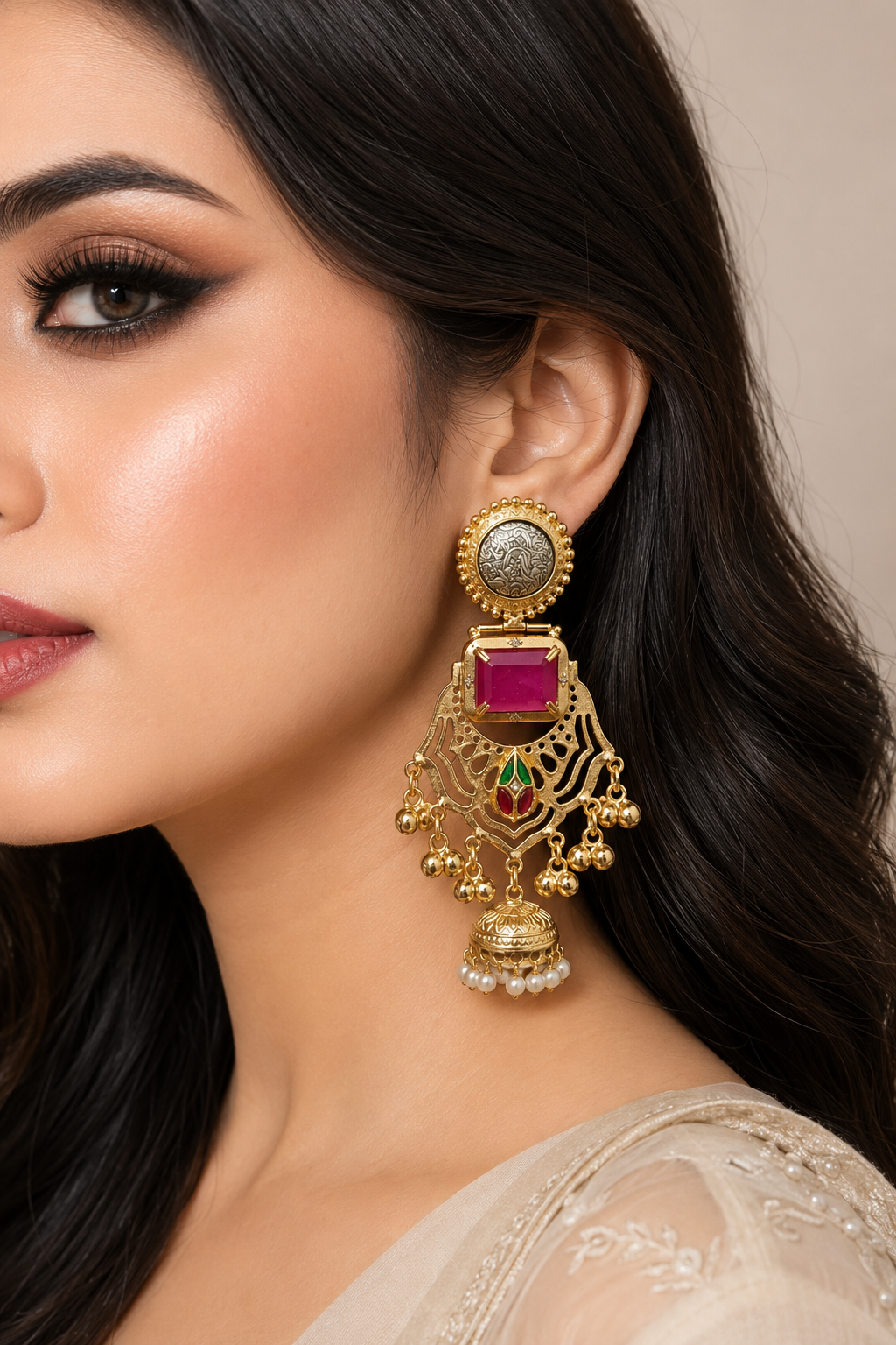 Traditional Rani Pink Gold Plated Cutout Chandbali Jhumka Earrings