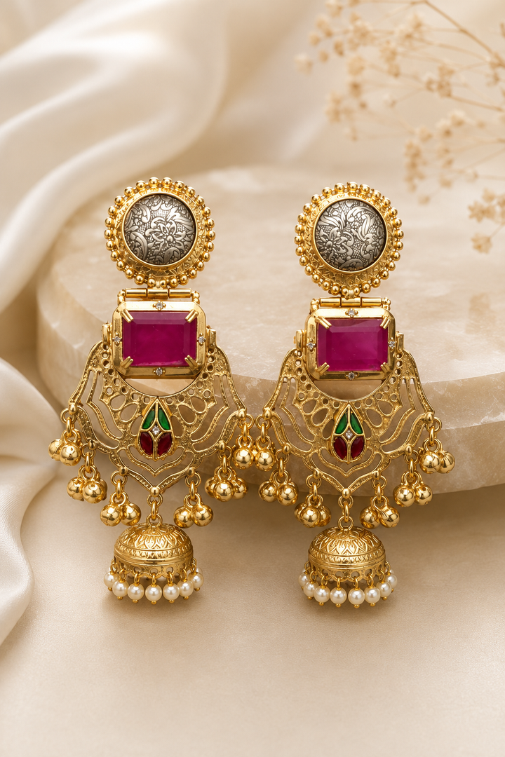 Traditional Rani Pink Gold Plated Cutout Chandbali Jhumka Earrings
