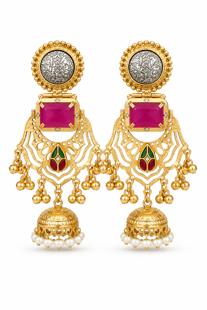 Traditional Rani Pink Gold Plated Cutout Chandbali Jhumka Earrings