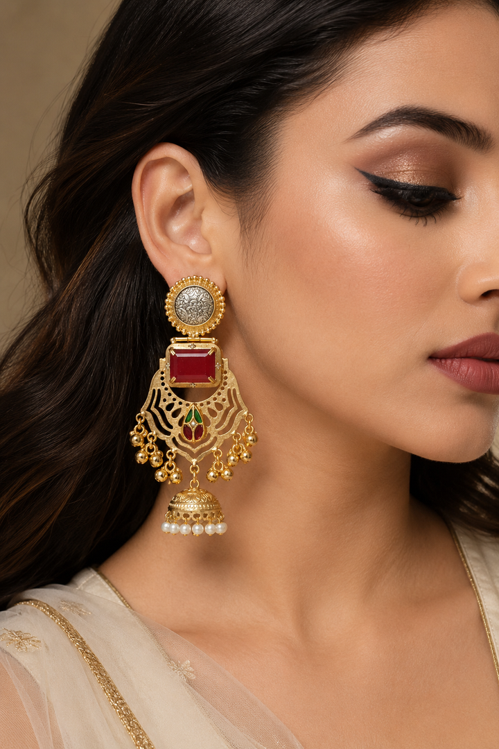 Traditional Ruby Gold Plated Filigree Jhumka Earrings With Pearls