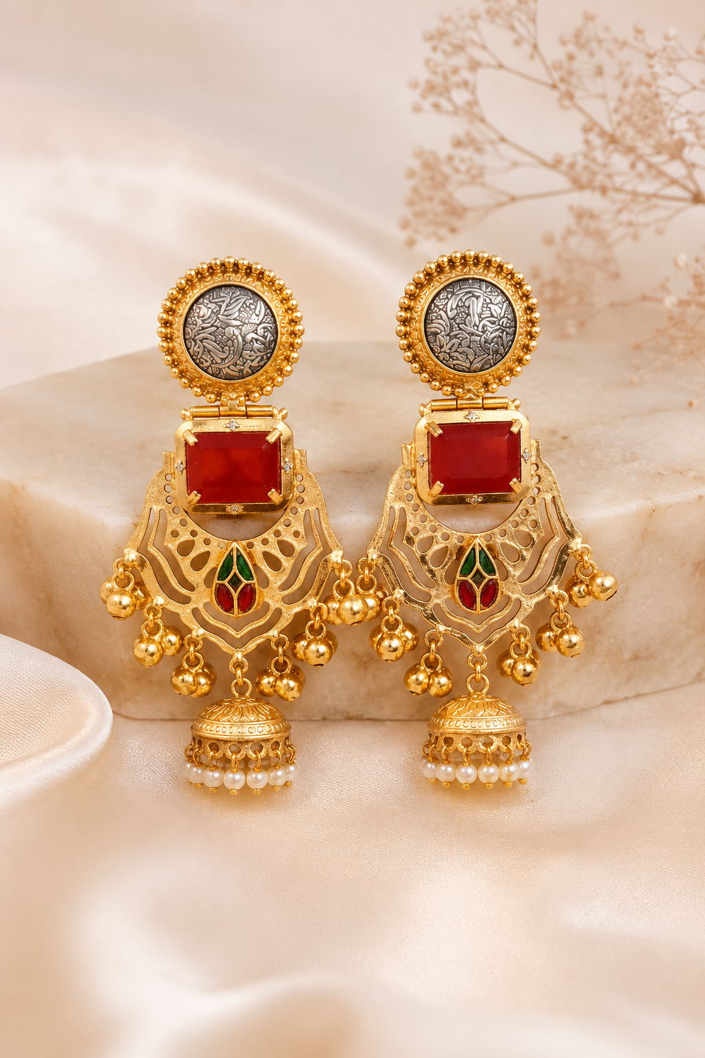 Traditional Ruby Gold Plated Filigree Jhumka Earrings With Pearls