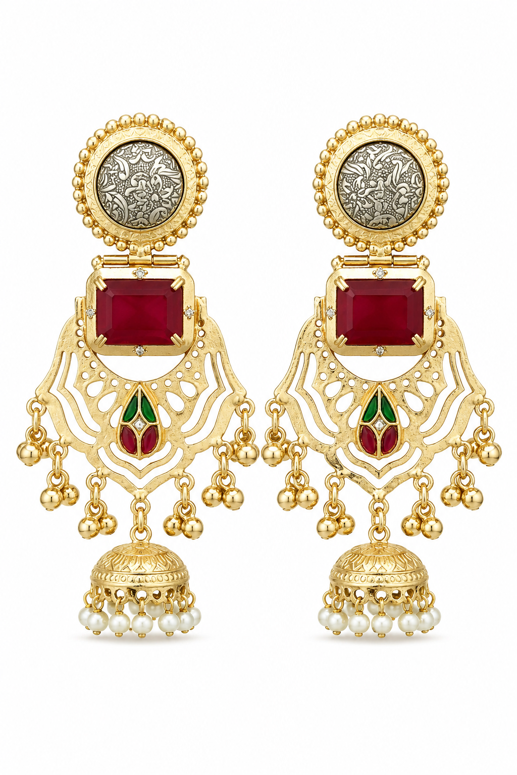 Traditional Ruby Gold Plated Filigree Jhumka Earrings With Pearls