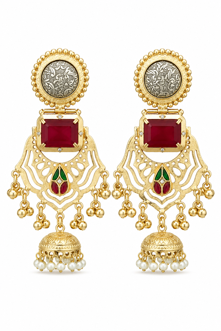 Traditional Ruby Gold Plated Filigree Jhumka Earrings With Pearls