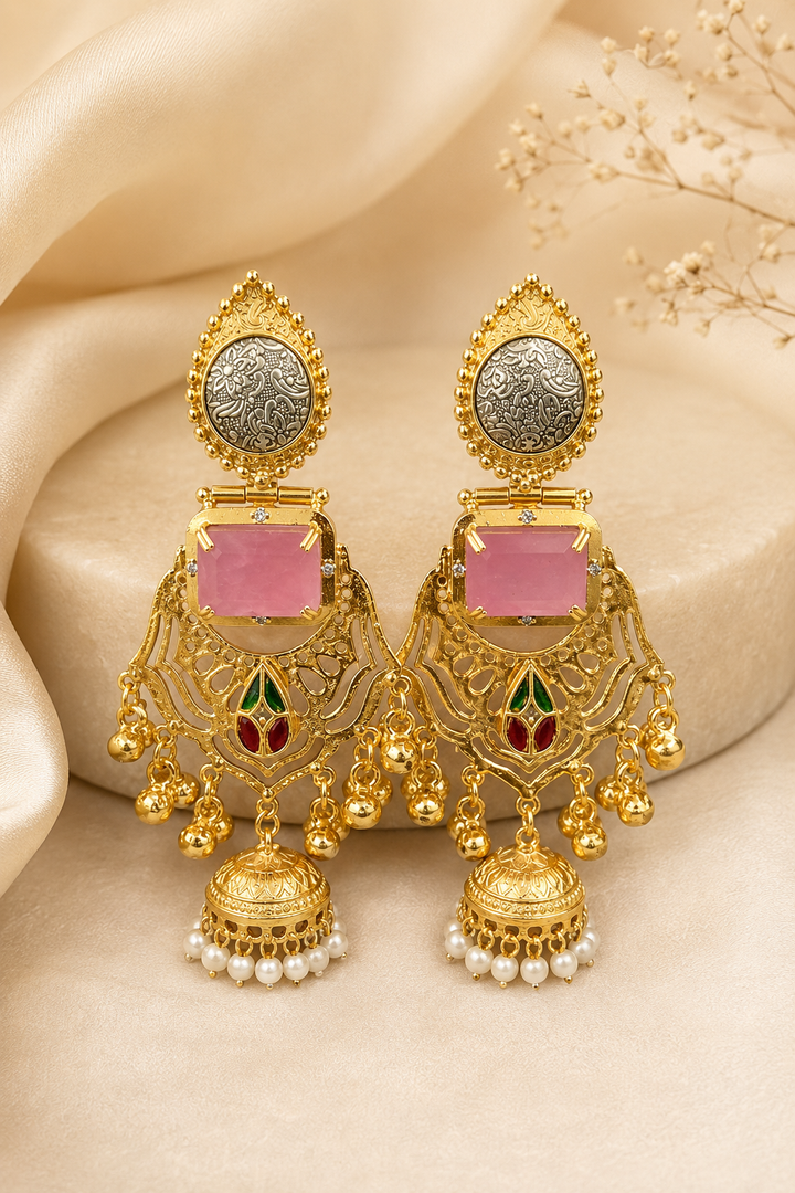 Traditional Pink Gold Plated Cutout Jhumka Earrings With Pearls