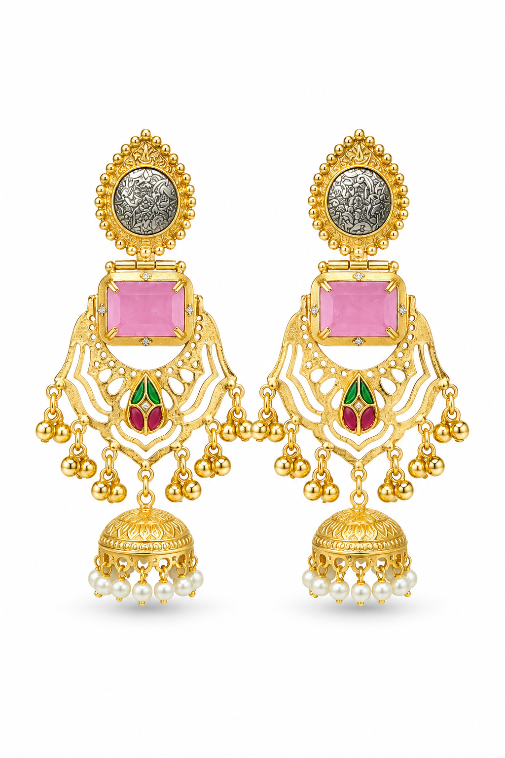 Traditional Pink Gold Plated Cutout Jhumka Earrings With Pearls