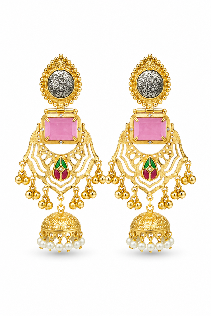 Traditional Pink Gold Plated Cutout Jhumka Earrings With Pearls