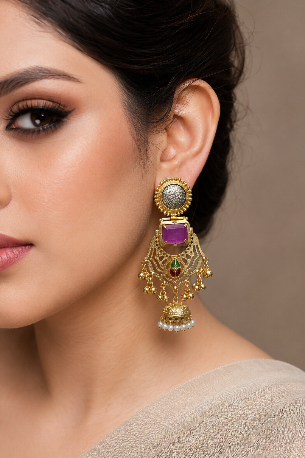 Traditional Purple Stone Gold Plated Statement Jhumka Earrings With Pearls
