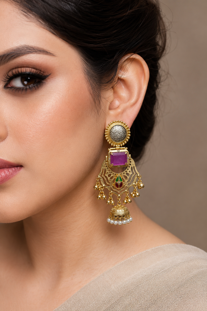 Traditional Purple Stone Gold Plated Statement Jhumka Earrings With Pearls