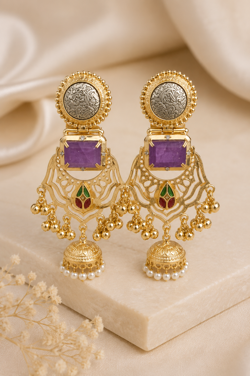 Traditional Purple Stone Gold Plated Statement Jhumka Earrings With Pearls