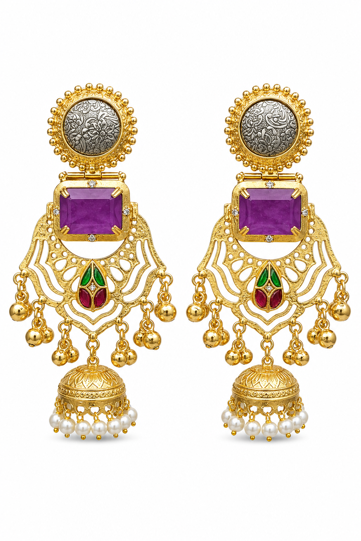 Traditional Purple Stone Gold Plated Statement Jhumka Earrings With Pearls