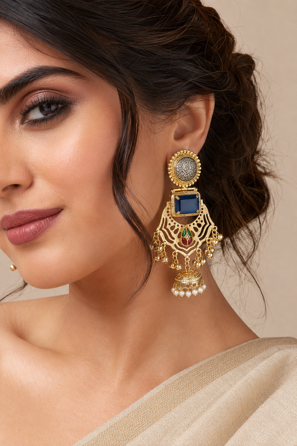 Traditional Royal Blue Gold Plated Statement Jhumka Chandbali Earrings
