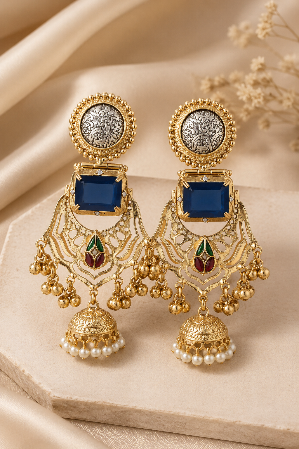 Traditional Royal Blue Gold Plated Statement Jhumka Chandbali Earrings