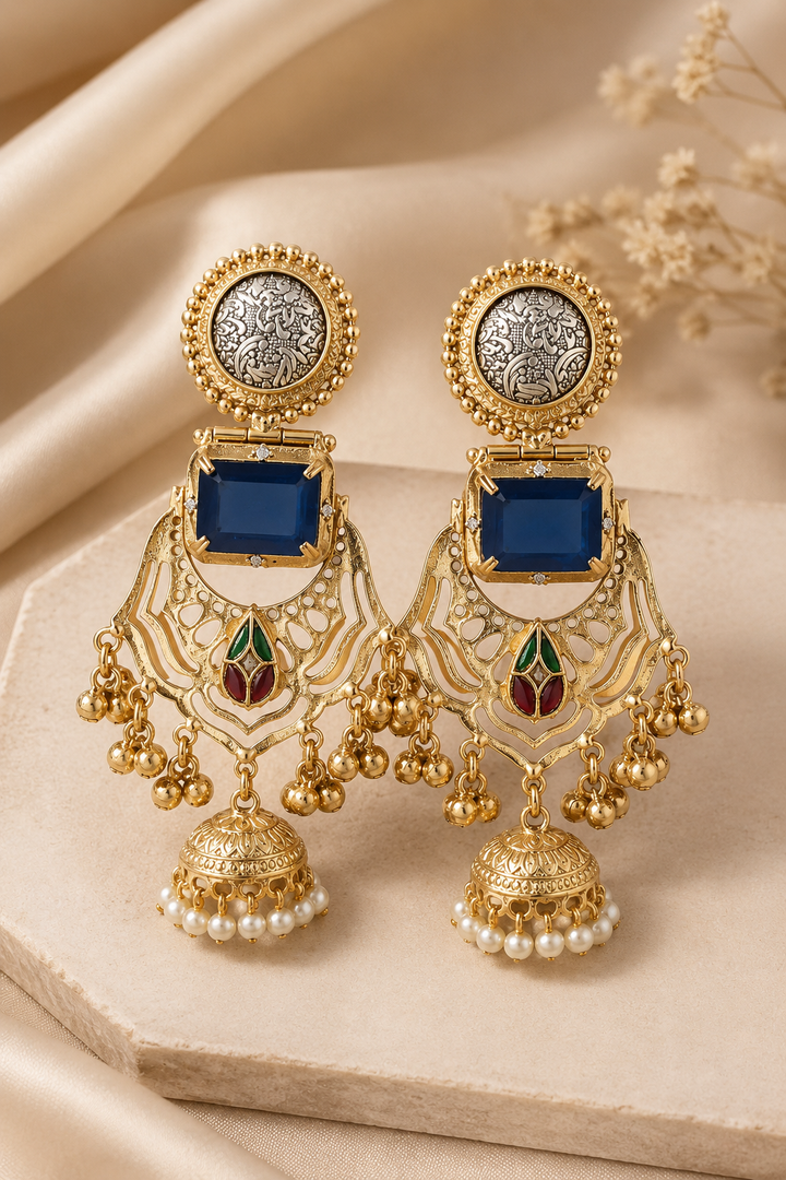 Traditional Royal Blue Gold Plated Statement Jhumka Chandbali Earrings