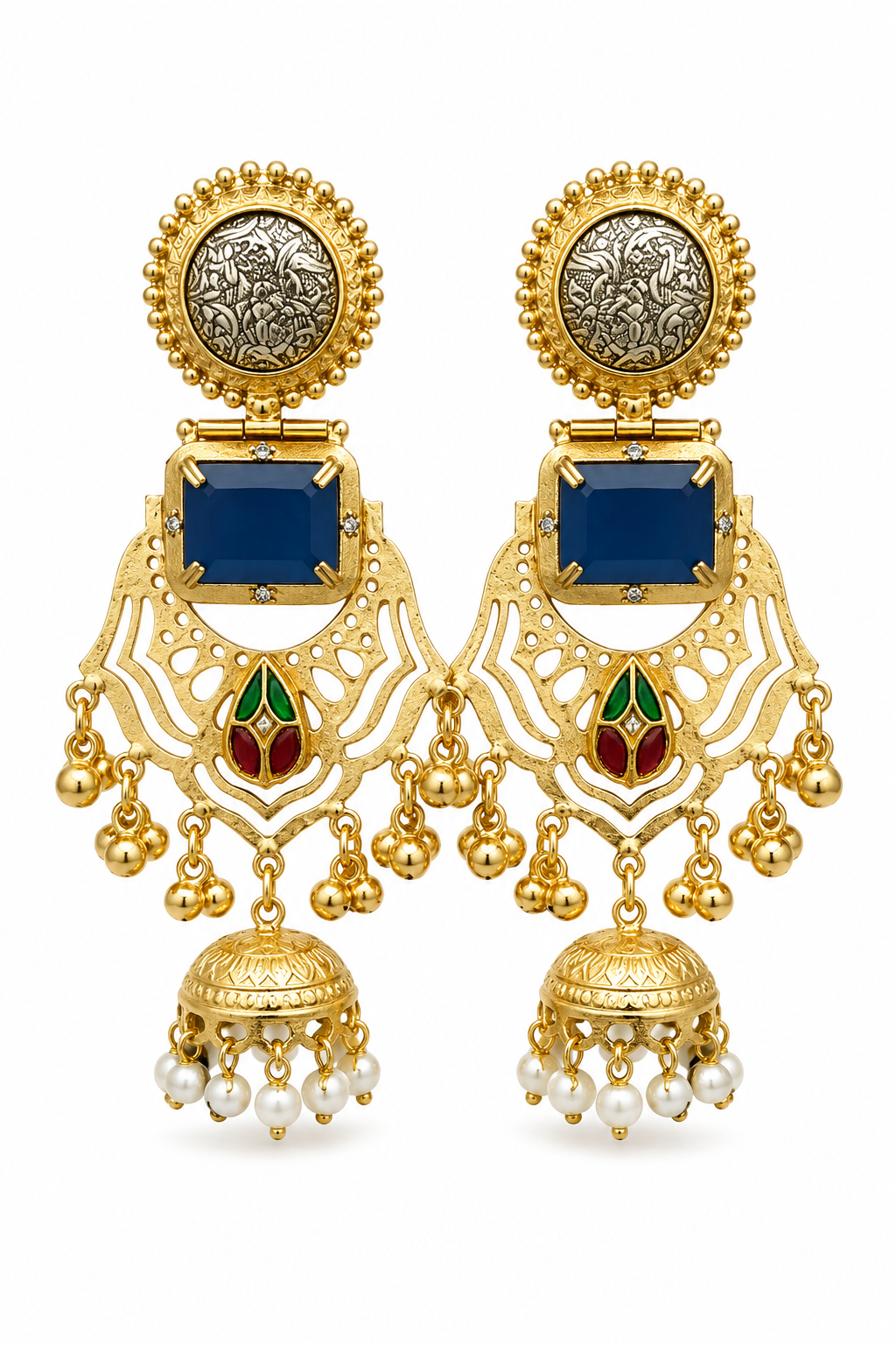 Traditional Royal Blue Gold Plated Statement Jhumka Chandbali Earrings