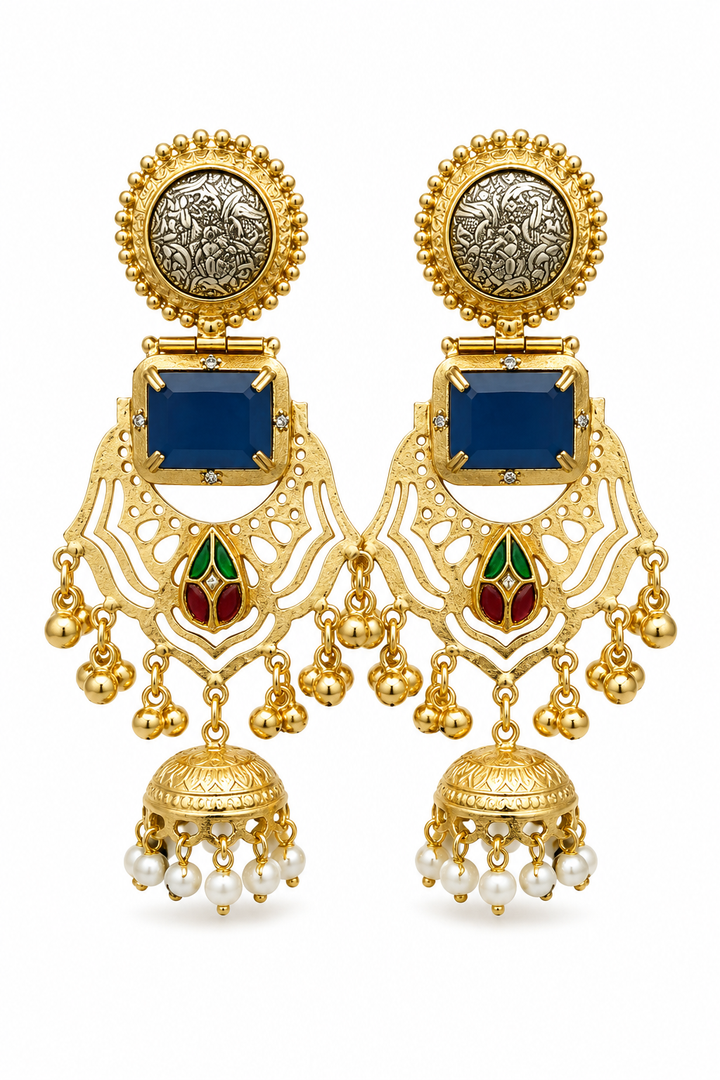 Traditional Royal Blue Gold Plated Statement Jhumka Chandbali Earrings