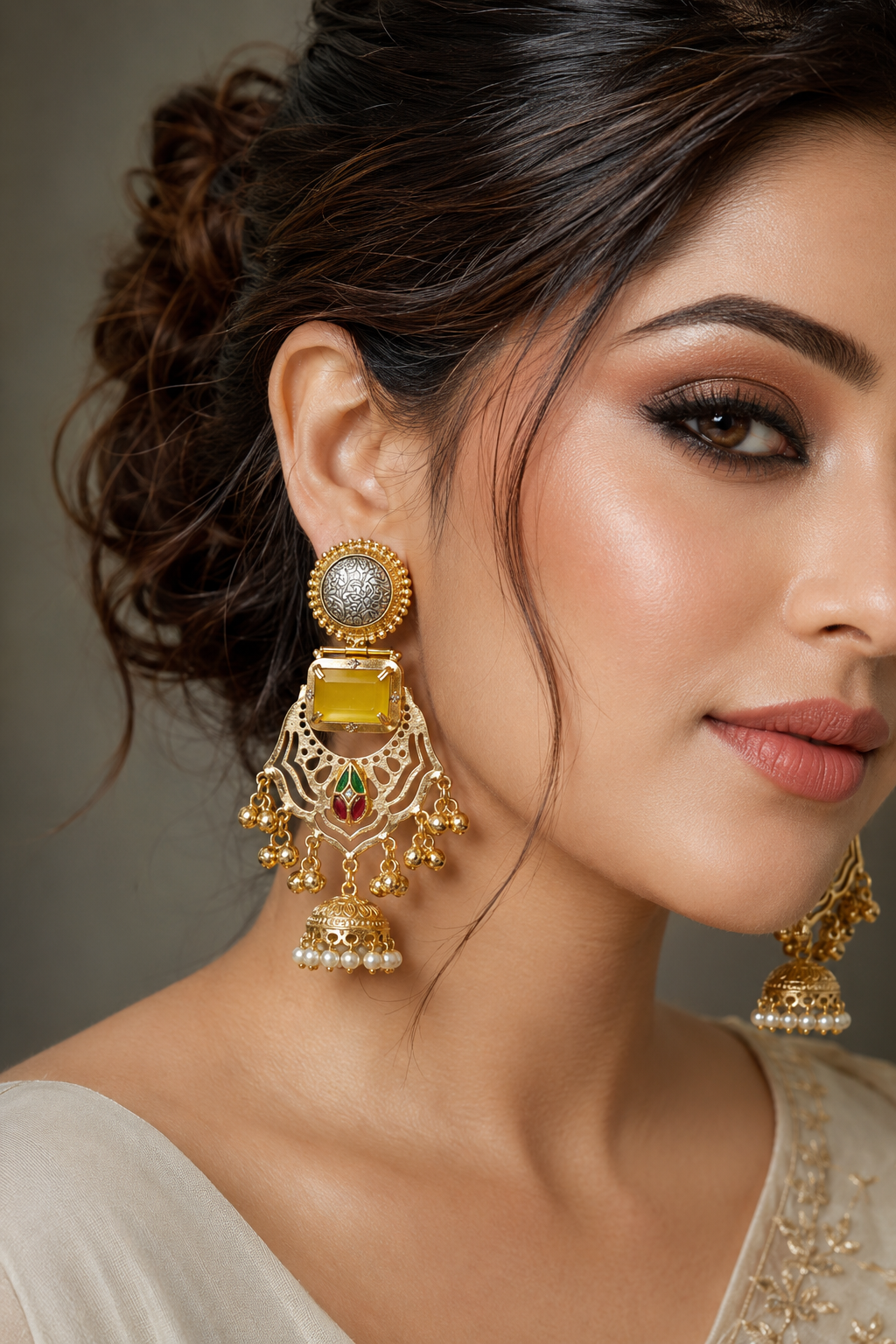 Traditional Yellow Gold Plated Cutout Chandbali Jhumka Earrings Pearls