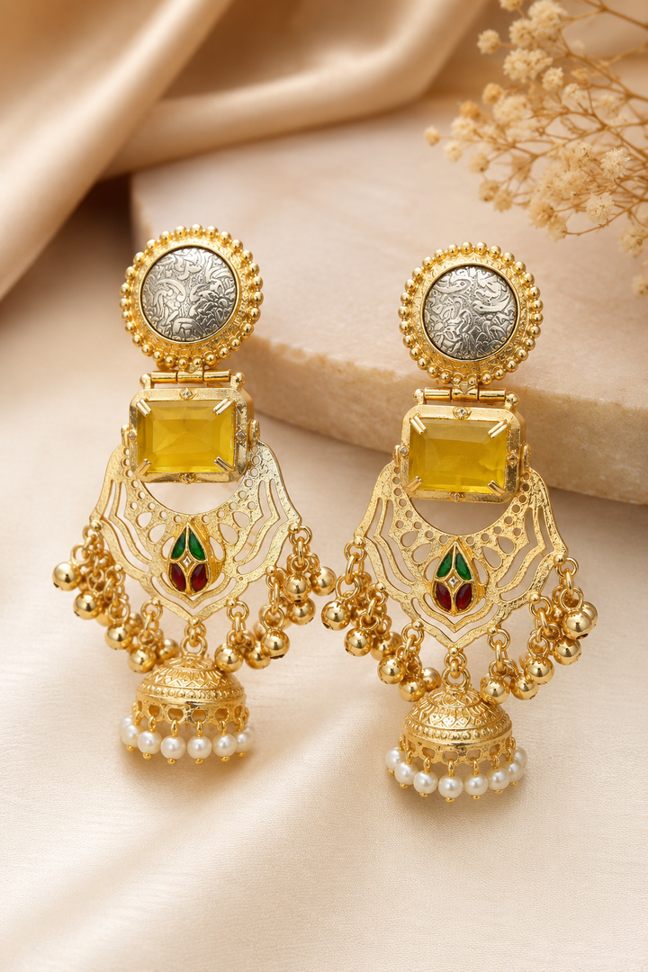 Traditional Yellow Gold Plated Cutout Chandbali Jhumka Earrings Pearls